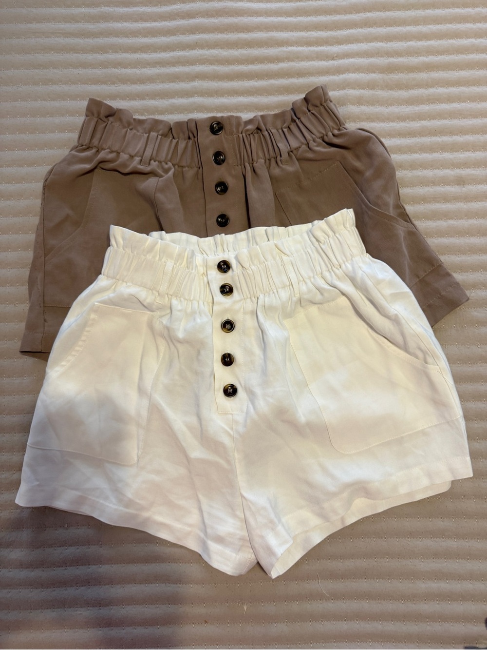 Bundle Lumiere High-Waist Paperbag Button-Front Shorts in White & Taupe